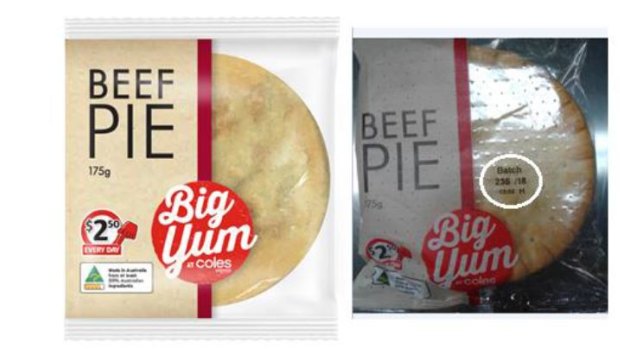 Coles have announced a recall on this beef pie, which was wrongly packaged with bacon and egg pies.