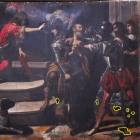 The painting “The Capture of Peter” with a torch painted on to it.