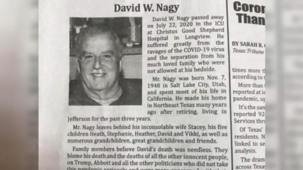 The obituary for David W. Nagy in Texas blames Donald Trump's response to the pandemic for his death.