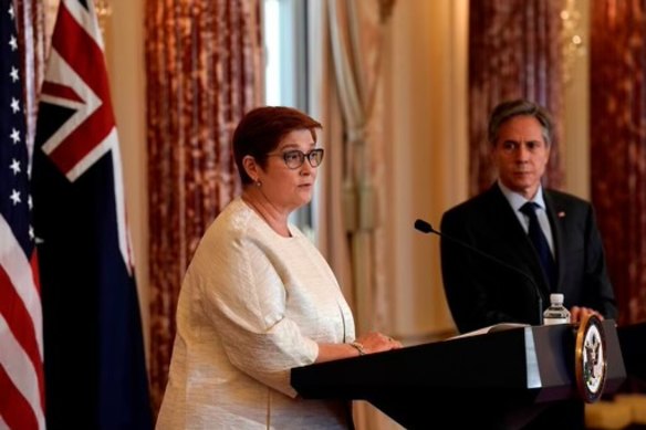 Australia’s Foreign Minister Marise Payne at a press briefing with US Secretary of State Antony Blinken. 