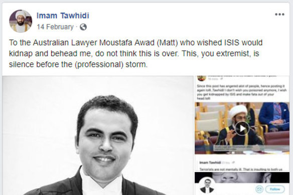 The Facebook post made by Imam Tawhidi about Moustafa Awad.