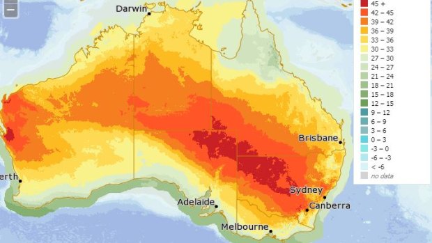 Australia Day's heat will be focused on NSW, outback South Australia and Queensland, and parts of Western Australia. Many of those regions will climb above 45 degrees.