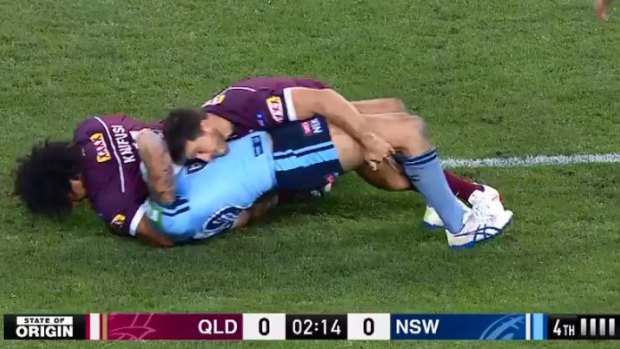 The tackle goes for at least five seconds with Kaufusi in contact with Vaughan's head the entire time.