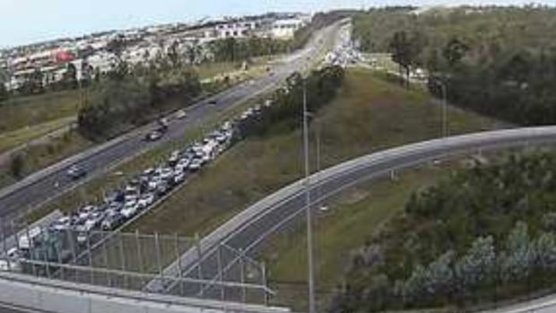 The northbound congestion on the Bruce Highway at Narangba, near the Boundary Road interchange.