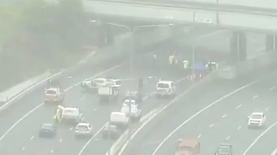 The scene on the Logan Motorway after a man was shot dead by police in Drewvale.