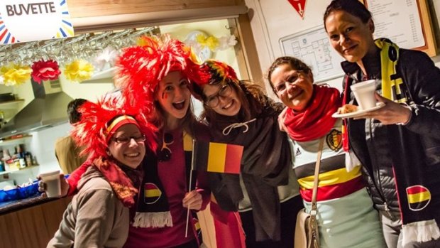 Belgian supporters rally at Alliance Française de Canberra for the FIFA World Cup semi-final.