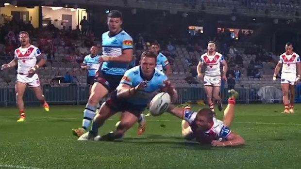 The Bunker awarded Cronulla a try, despite the replay showing Dufty grounding the ball ahead of Sharks forward Williams.