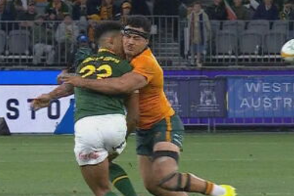 Hunter Paisami received a four-game suspension for this high tackle against South Africa.