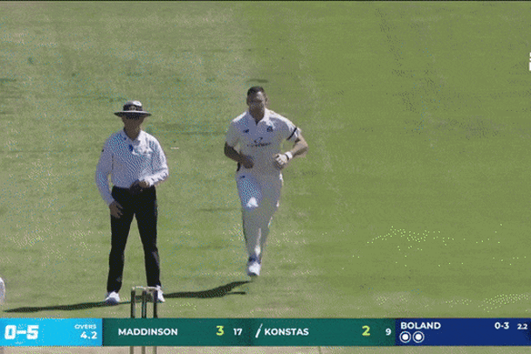 Victoria’s Scott Boland dismisses Sam Konstas, of NSW, lbw for 2 in the Sheffield Shield match at the MCG.
