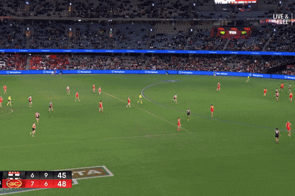 Gold Coast’s Mac Andrew remonstrates with the umpire after conceding a crucial free kick to St Kilda opponent Max King.