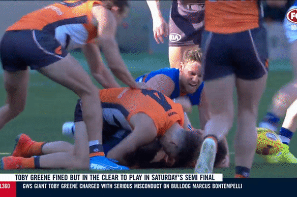 Toby Greene was fined for this altercation with Marcus Bontempelli in 2019.