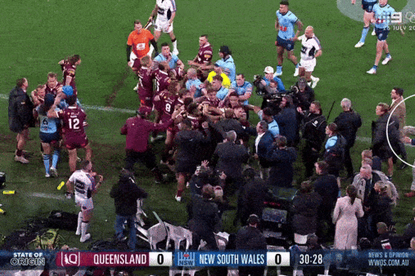 State of Origin melee: NSW nineteenth man Haumole Olakau’atu was dismissed from the Suncorp Stadium sideline after getting himself involved in a melee despite not playing.