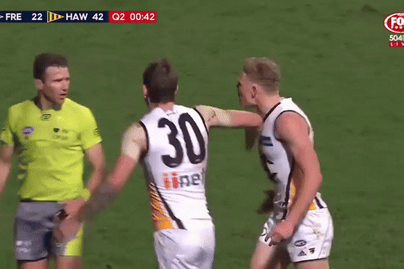 Hawthorn’s James Sicily unleashes a fiery outburst at then teammate Taylor Duryea.