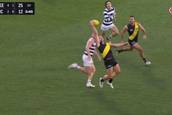 Tom Stewart’s bump on Dion Prestia, for which the Cat was suspended for four matches last year.