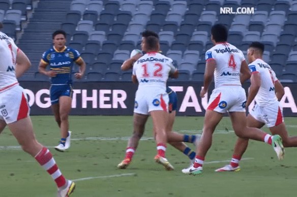 Tyrell Fuimaono’s tackle on Haze Dunster.