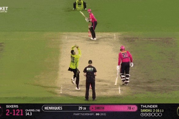 Steve Smith’s six against crosstown Big Bash rivals Sydney Thunder.