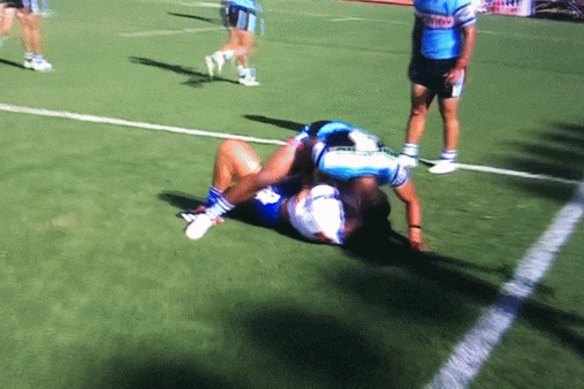 Cronulla flyer Ronaldo Mulitalo had a running battle with Jake Averillo.