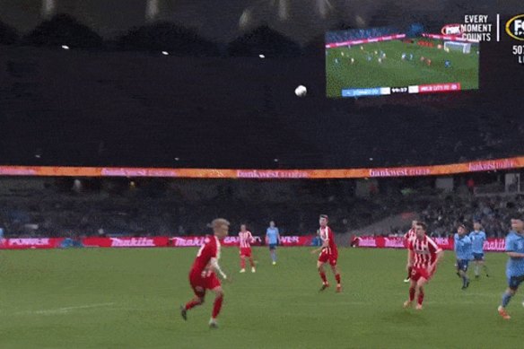 Rhyan Grant scores the winning goal for Sydney FC at Bankwest Stadium in the 2020 grand final.