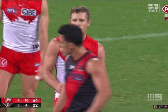 Luke Parker mocking the Bombers’ Dylan Shiel.