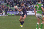 Sua Fa'alogo kicks the ball against Canberra.