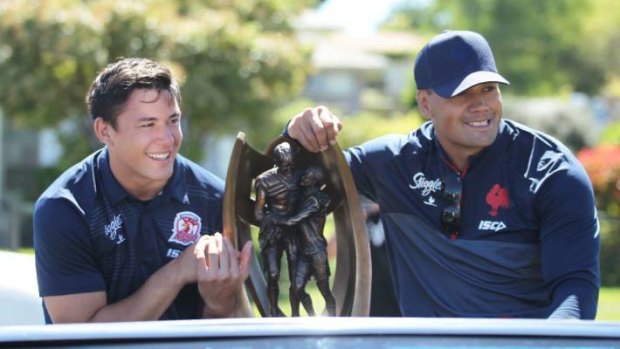 Home again: Joseph Manu and Zane Tetevano in Tokoroa, New Zealand with the NRL Premiership trophy.