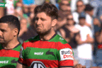 Jai Arrow reacts as he leads the South Sydney Rabbitohs out.