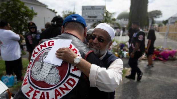 Members of the King Cobra gang were greeted warmly as they paid their respects to senior members of the Al-Jamie Mosque in the Auckland suburb of Ponsonby on Saturday.