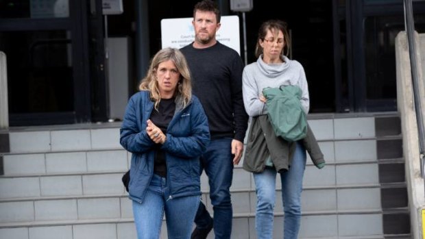 Sean McKinnon's siblings Emmeline, Lachlan and Mary McKinnon leave the Hamilton District Court on Saturday. 