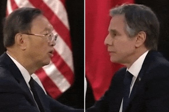 Chinese Communist Party foreign affairs chief Yang Jiechi and the US Secretary of State Antony Blinken square off during the opening remarks of the Alaska bilateral talks, March 18, 2021.
