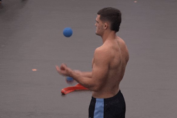 Nathan Cleary juggling as a hand-eye activation before Origin I in Townsville.