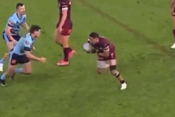 Nathan Cleary hurts his shoulder again in the second half trying to tackle Dane Gagai.