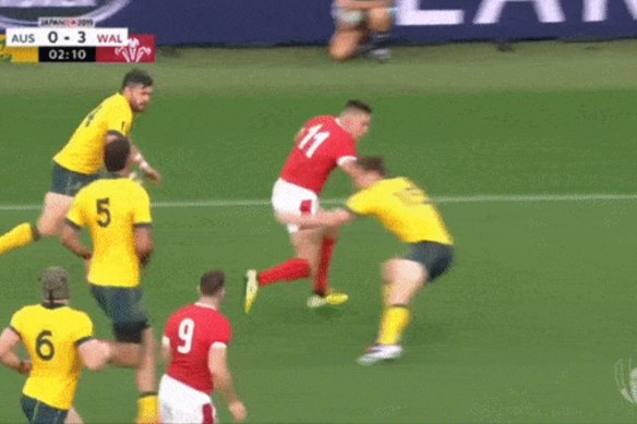 Australia's Adam Ashley-Cooper comes off the ground before attempting to the win the ball back and is penalised.