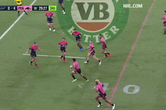 Jarome Luai committing Parramatta’s defence in the lead-up to a try for Stephen Crichton.