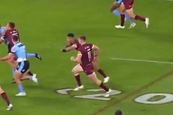 Nathan Cleary injures his shoulder in the first half.