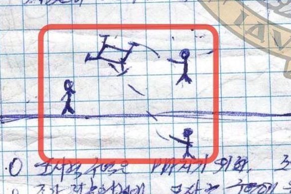 A drawing of stick men figures shooting a drone, on one page of the North Korean soldier’s diary.