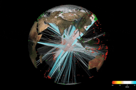 Seismic waves refracted inside the Earth are picked up by sensors (green dots) at the surface listening for the rumble of earthquakes (red dots).