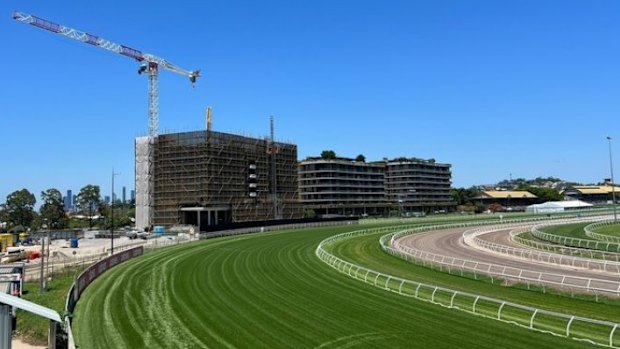 The view of the Charlton House construction site from Eagle Farm racetrack. 