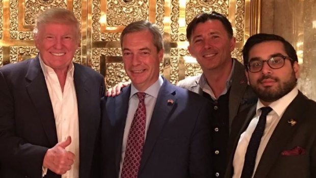 Raheem Kassam, right, in the company of US President Donald Trump and Nigel Farage.