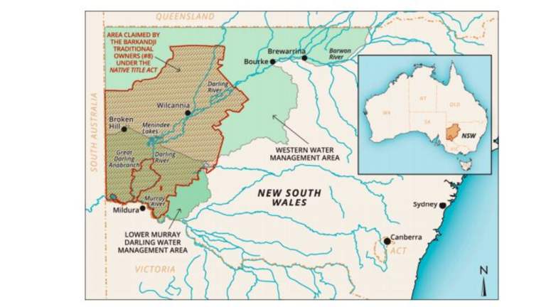 Map of western NSW showing the Barkandji Traditional Owners' native title claim area
and the water management areas it traverses. (Thick brown line denotes boundary of the area
claimed by the Barkandji People.)  From an article in Resources journal, February 2018 by Lana D. Hartwig, Sue Jackson and Natalie Osborne.