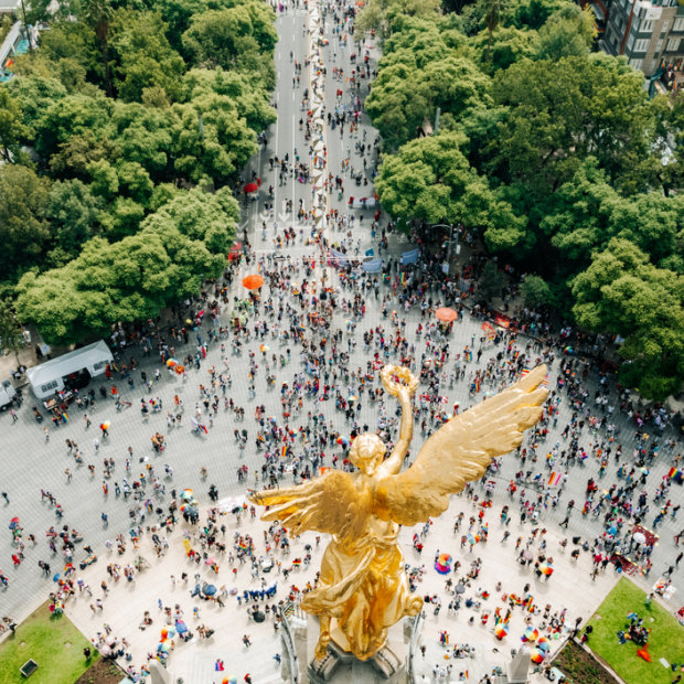 Pedestrians reclaim the road for the weekly Sunday Paseo de la Reforma in Mexico City’s vibrant centre.
