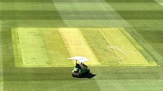 Steve Smith and Alex Carey take a look at the Optus Stadium pitch, four days out from the first Ashes Test.