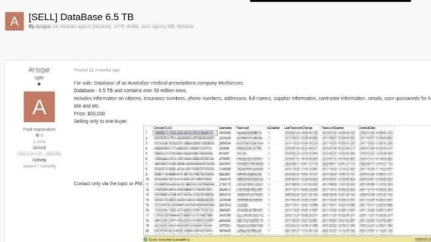 A screenshot of the apparent MediSecure leak on a Russian hacking forum.