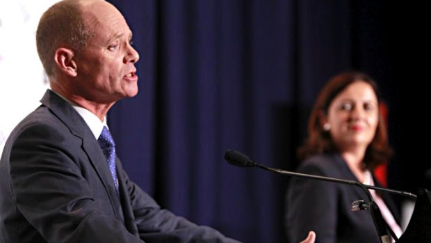 Former premier Campbell Newman and then Opposition leader Annastacia Palaszczuk at a Leaders Debate. 