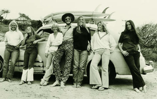 A John Witzig photograph of surfing legend Nat Young and friends at the Australian Championships in Sydney in 1972.