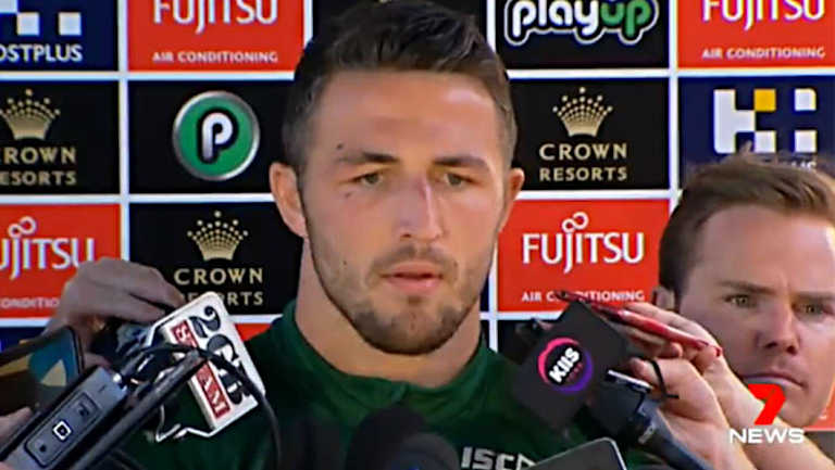 Sam Burgess speaks to the media on Tuesday at Redfern Oval.