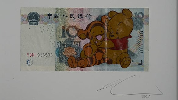 Winnie the Pooh, representing President Xi Jinping, strangles Tigger – a rhyme for Uighur. Winnie the Pooh is banned in China after being widely used to mock Xi.