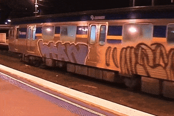 Graffiti by 70K crew on Melbourne train.