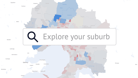 Declining fertility rates chart. Melbourne map coloured by fertility rates, zooming in with “Explore your suburb” search bar. 