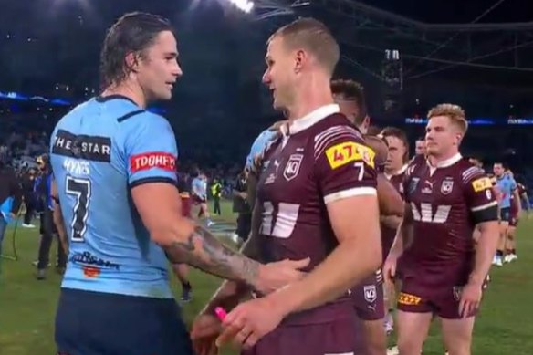 Daly Cherry-Evans and Nicho Hynes after fulltime in Origin I.