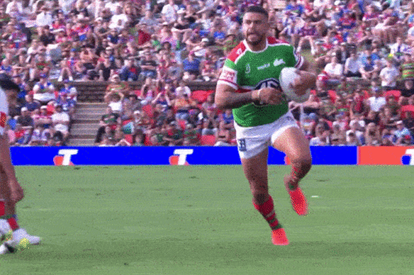 Latrell Mitchell bounces over Kalyn Ponga in round nine in one of the moments of the year.